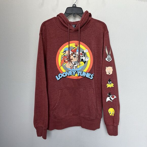 Looney Tunes | Red Bugs Bunny Warner Bros Hood Sweatshirt 90’s Vintage Medium - Picture 2 of 8